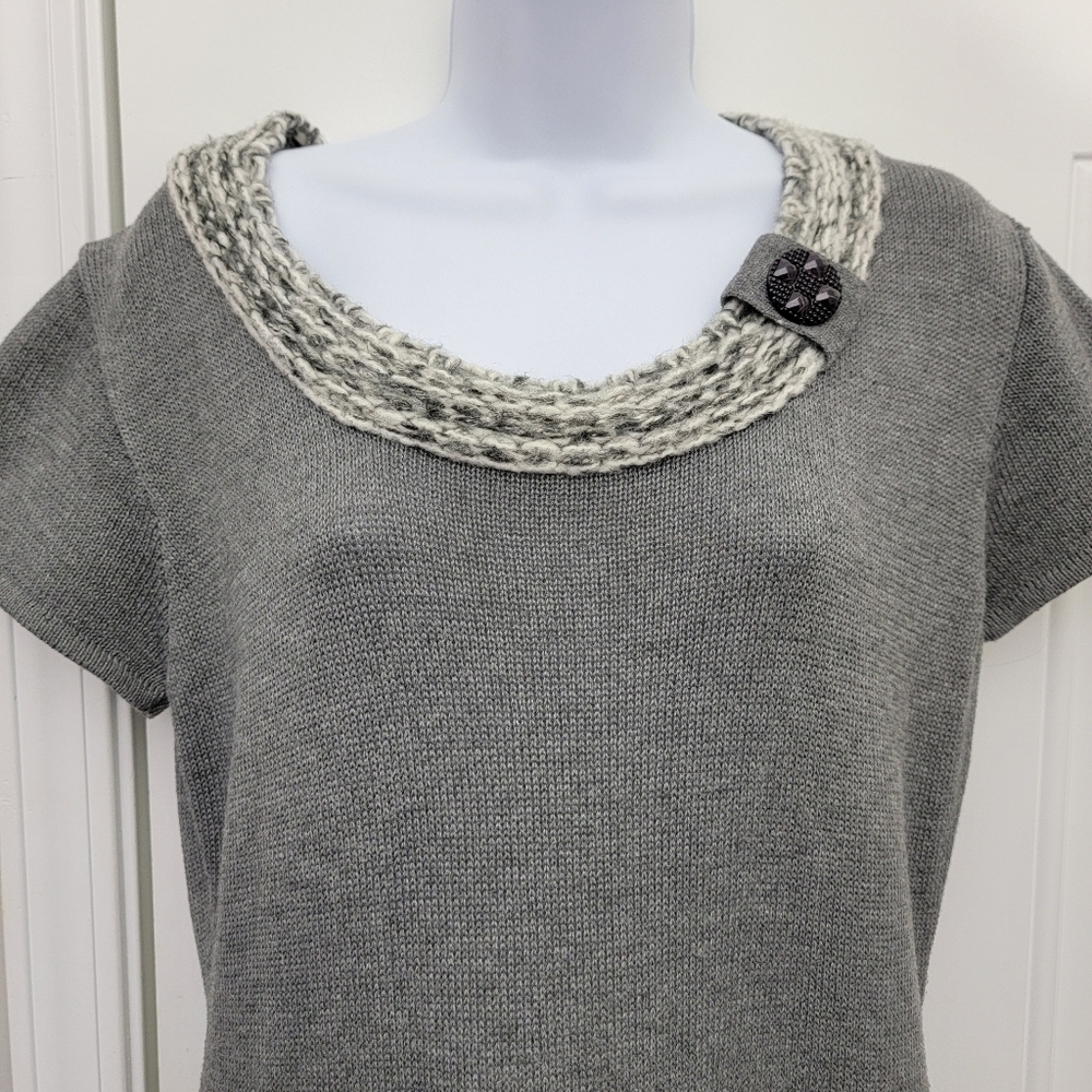 Freeway Gray Cap Sleeve Drop Waist Knit Sweater Dress Cable Knit Trim Large - Picture 2 of 11